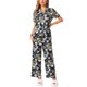 thumbnail image 1 of Conjunto de pijama de satén para mujer INSPIRE CHIC, top de manga corta y pantalones de seda con flores, 2 piezas, talla XL, flores negras, 1 of 5