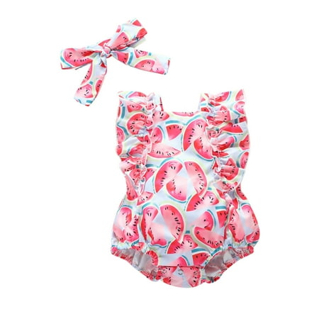

Mikilon Newborn Infant Baby Girls Summer Ruffled Watermelon Bow Romper Bodytsuit Baby Clothes for Girls 12-18 Months Pink on Sale