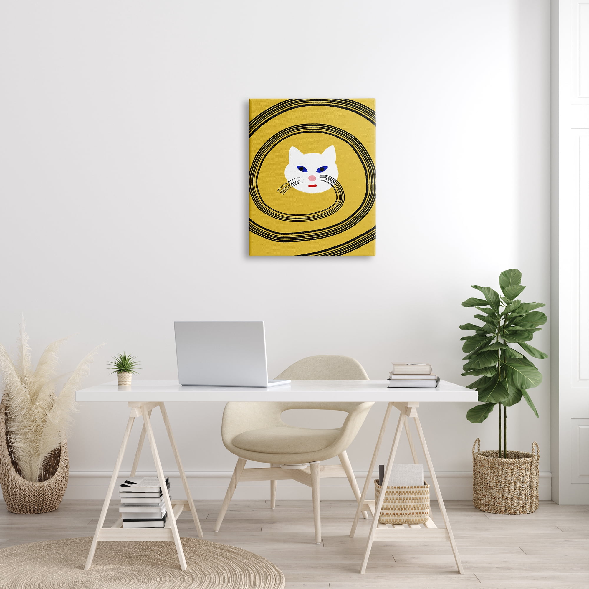 Stupell Industries Cat Whiskers Meow Abstract Modern Spiral over Yellow Animals & Insects Painting Gallery Wrapped Canvas Print Wall Art, 24 x 30