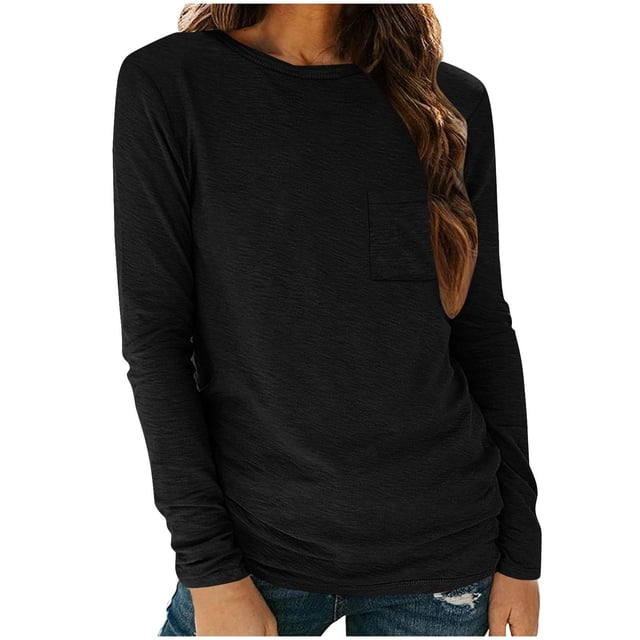 Timegard Long Sleeve Tops for Women Round Neck Causal Tunic T Shirts Comfy Solid Color Basic Tops