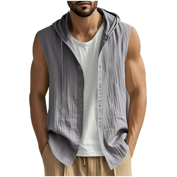 Kmdttou Men Solid Color Summertime Linen Casual Sleeveless Button Cardigan Hooded Shirt