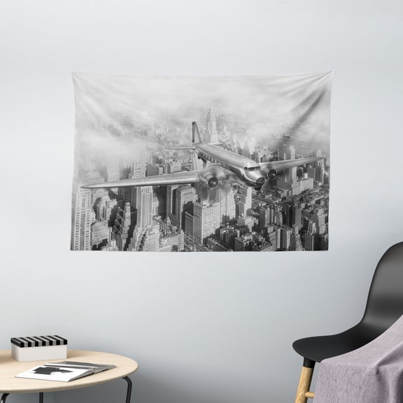 Vintage Decor Tapestry, Nostalgic Plane Flying over Skyscrapers in New York City Urban Life, Wall Hanging for Bedroom Living Room Dorm Decor, 60W X 40L Inches, Black and White, by Ambesonne