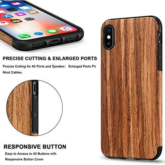 TENDLIN Compatible with iPhone Xs Case/iPhone X Case with Wood Grain Outside Soft TPU Silicone Hybrid Slim Case