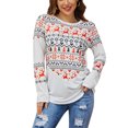 thumbnail image 1 of Camisa con estampado navideño, bloque de color, manga larga, informal, holgada, con cuello redondo, blusa con estampado para mujer, color blanco XL, 1 of 8