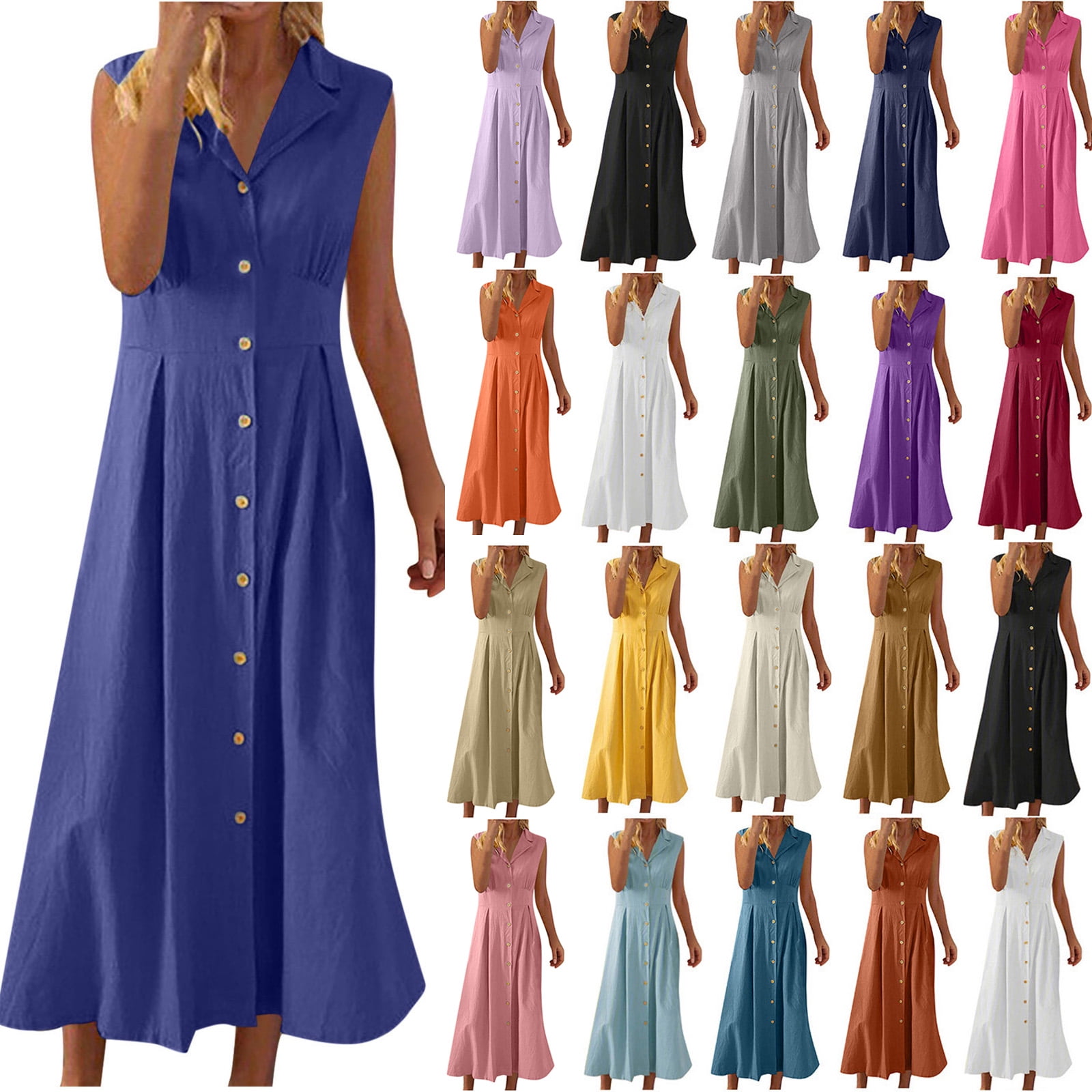 ZVAVZ Robes pour Femmes Été 2025, Robe Décontractée Unie à Col - Main Image