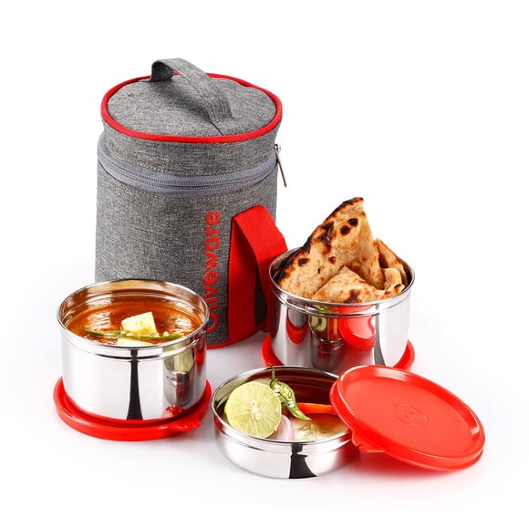 Boîte à Lunch Star avec Sac en Tissu - Rouge / 3 Contenants en Acier Inoxydable avec Couvercles Hermétiques, 2 X600 ml et 300 ml - 100 % Étanche, Sans BPA, Va au Congélateur
