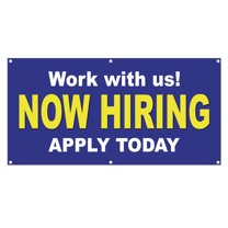 Now Hiring Work with us! Apply Today 13 oz Heavy Duty Vinyl Banner Indoor/Outdoor Help Wanted Sign for Business Storefront Advertising Single-Sided with Metal Grommets (5x1.5 Ft, Blue & Yellow)