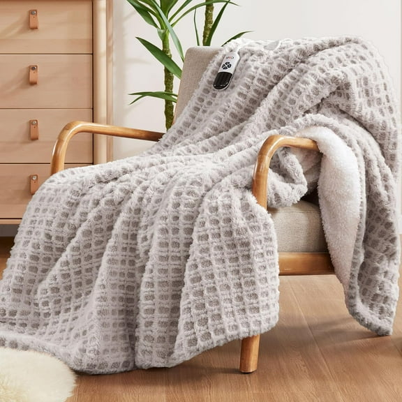 Hyde Lane Soft Fluffy Faux Fur Blanket - Cozy & Warm, Reversible Striped Plush Blanket for Couch, Sofa, Chair, for Women (Beige, 50"x60")