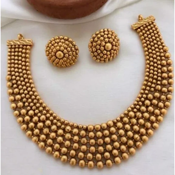 Traditional Gold-Plated Beaded Necklace Set with Matching Earrings