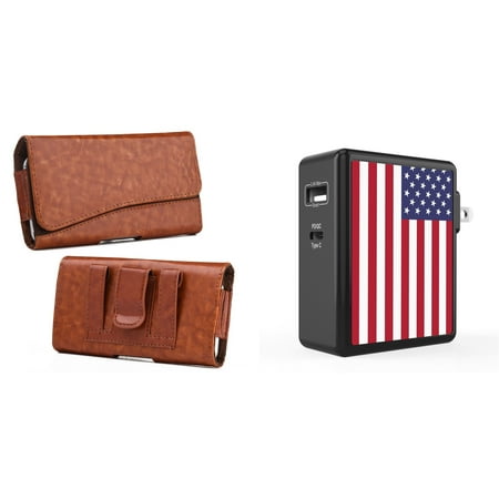 

Holster and Wall Charger Bundle for Moto G Power 2022: Executive PU Leather Magnetic Belt Pouch Case (Brown) and 45W Dual USB Port PD Type-C and USB-A Power Adapter (American USA Flag)