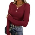 thumbnail image 2 of Posijego Women's Going out T-Shirt with Thumbhole Ribbed Long Sleeve Button V Neck Plain Basic Tee Tight Shirts, 2 of 9