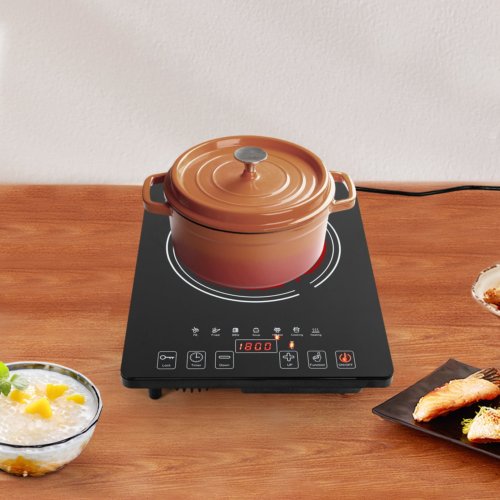 1800W Electric Ceramic Hob Cooktop Countertop Burner with LED Touch Screen 8 Temper
