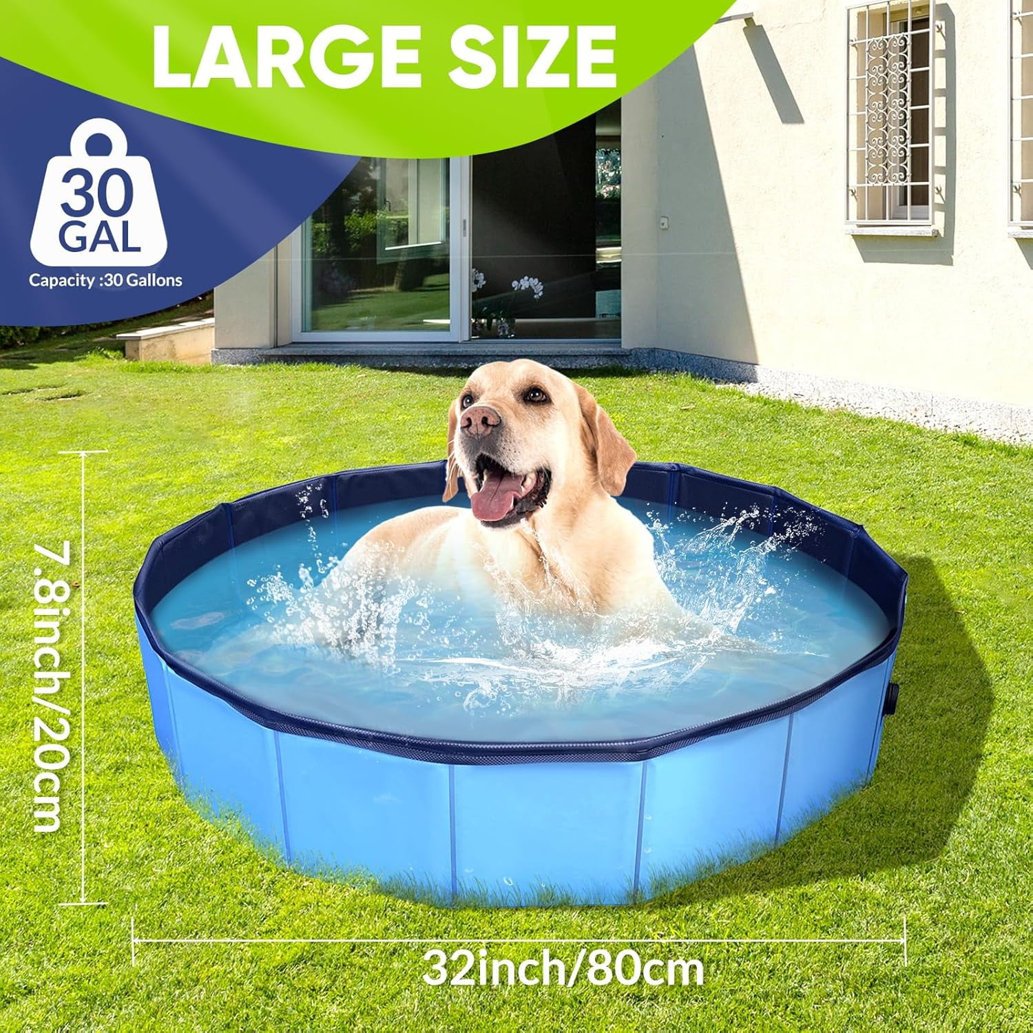Foldable Dog Pool, Portable Collapsible Pet Bath Tub for Small/Medium Dogs, Cats & Kids, Kiddie Pool, 32x8 Inch Blue