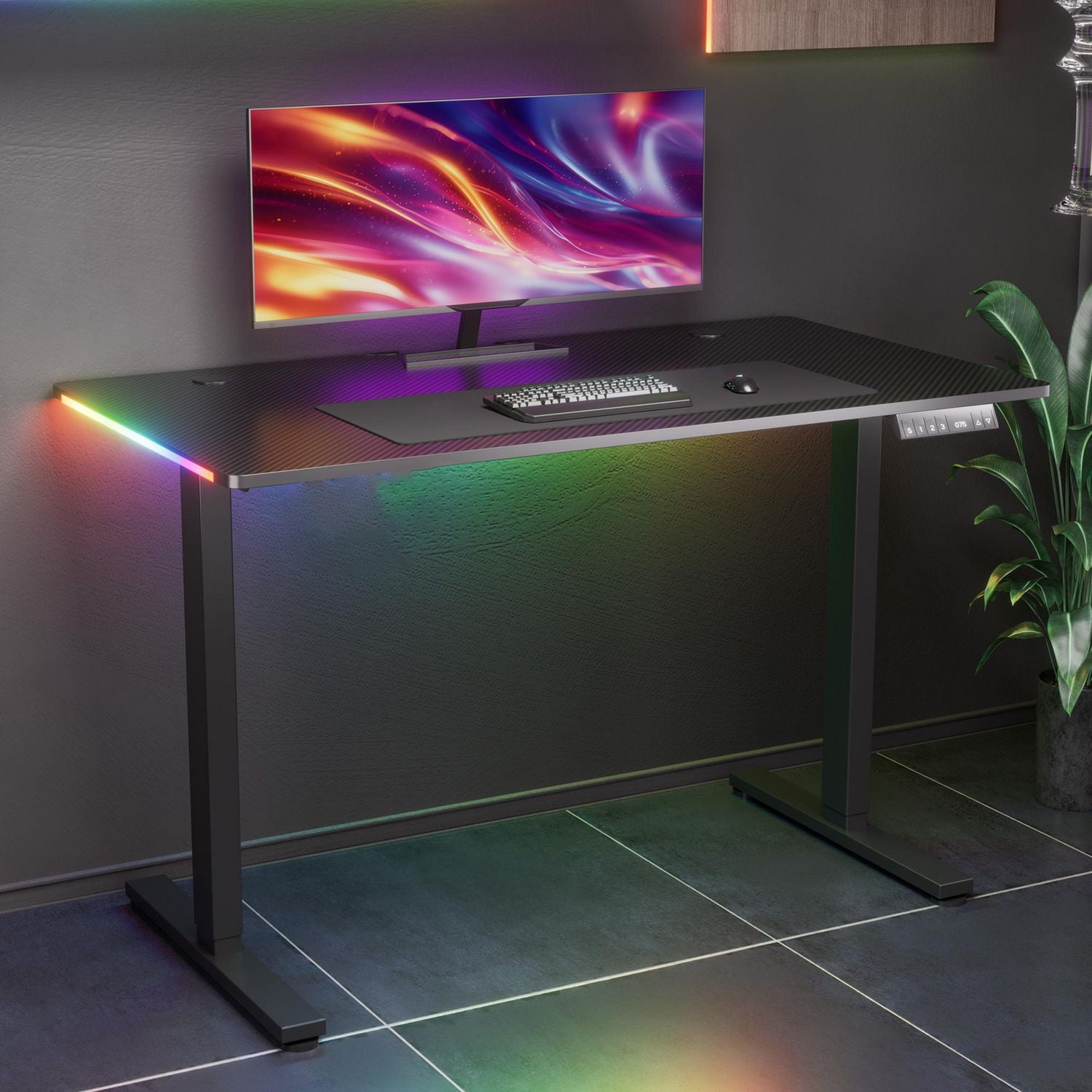 GTRACING Adjustable Height RGB Electric Sit or Stand Computer Desk with LED Lights for Adults , Black, Bluetooth/app controls, height adjustable