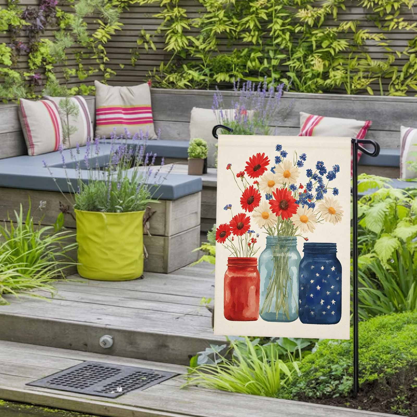 4th of July Garden Flags Red Blue Flower Vase Garden Flag Double Sided Welcome Flag Patriotic Independence Day Yard Flags for Outdoor Lawn Porch Memorial Day Seasonal Holiday Decor 28x40 Inch