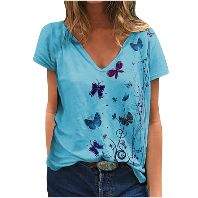 Birdeem Mode Femme Col en V Été Manches Courtes Imprimés Hauts T-Shirt Ample