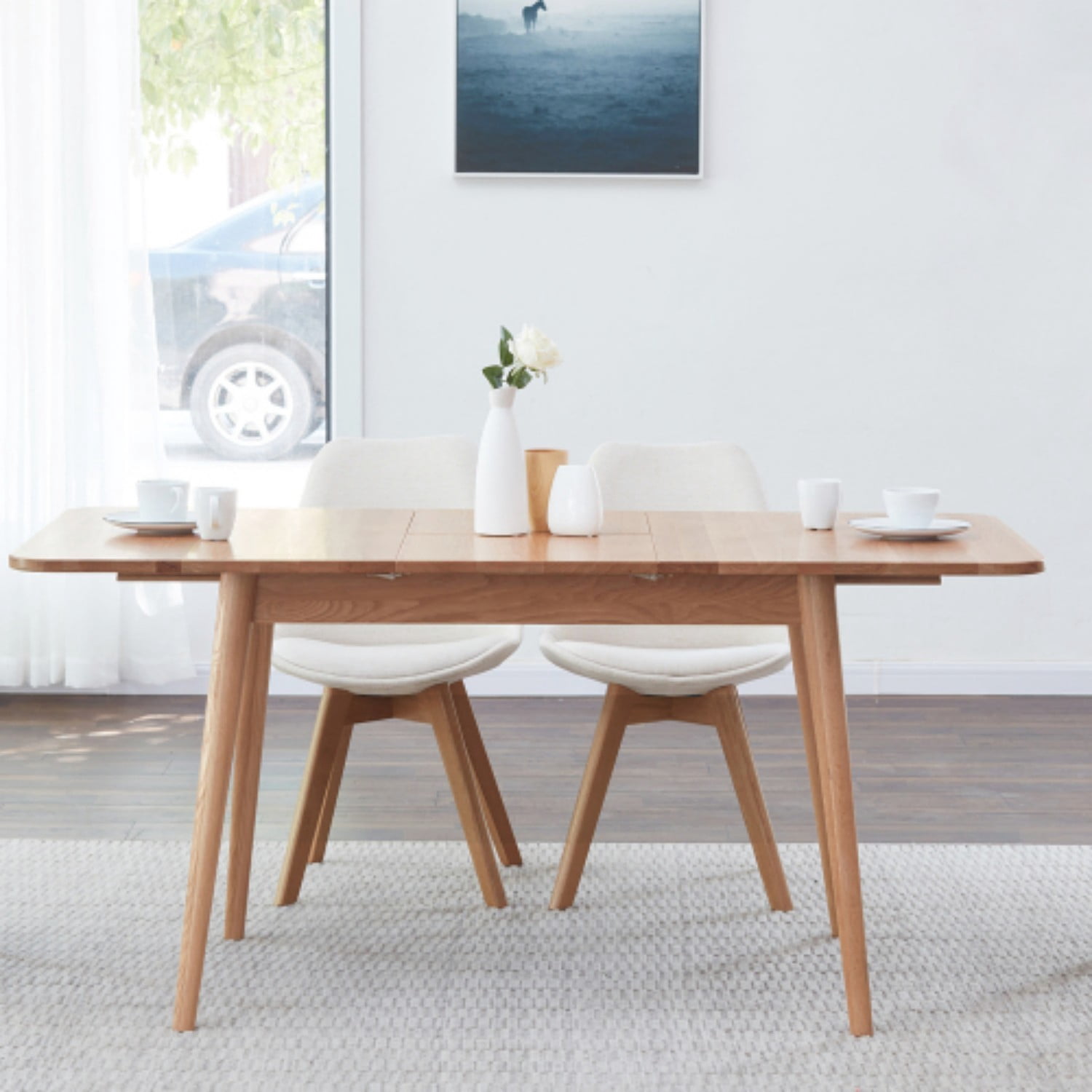 Extendable Solid Oak Dining Table, 47.2"-63" Modern Farmhouse Wooden Kitchen Table with Rounded Corners, Seats 6-8, Natural Oak