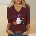 thumbnail image 2 of aohooy Womens Halloween Tops Loose 3/4 Sleeve Funny Graphic T-Shirts Casual V Neck Witch Pumpkin Ghost Tunic Tops Wine,XL, 2 of 5
