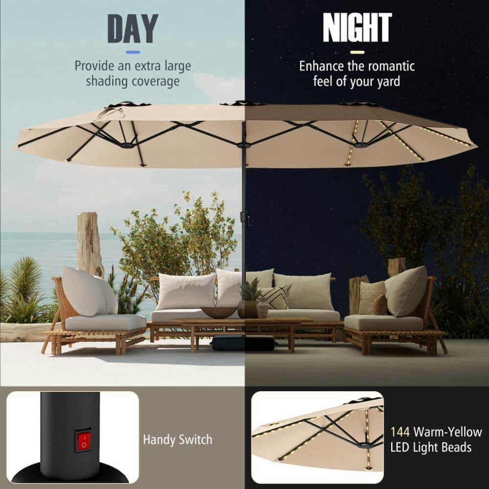 Demifill 15.5 FT Extra-Large Patio Umbrella, Outdoor Shade with LED Solar Lights and Crank Handle for Outdoor, Beige