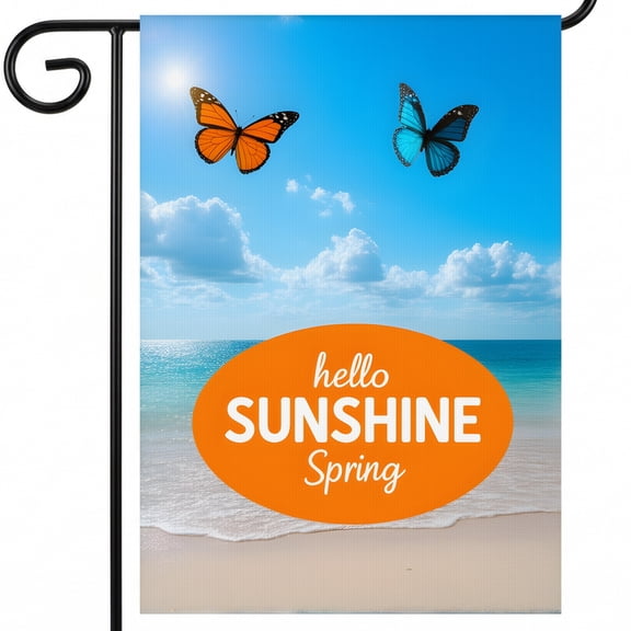 summer garden flag for outside picture of two butterflies flying over the ocean with "hello sunshine spring" 28x40" standard size patio flag