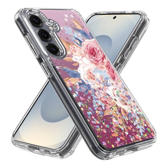 Rosebono Compatible With Samsung Galaxy S24 FE Case, Hybrid Graphic Design Pattern Cover Case (Pink Flower)