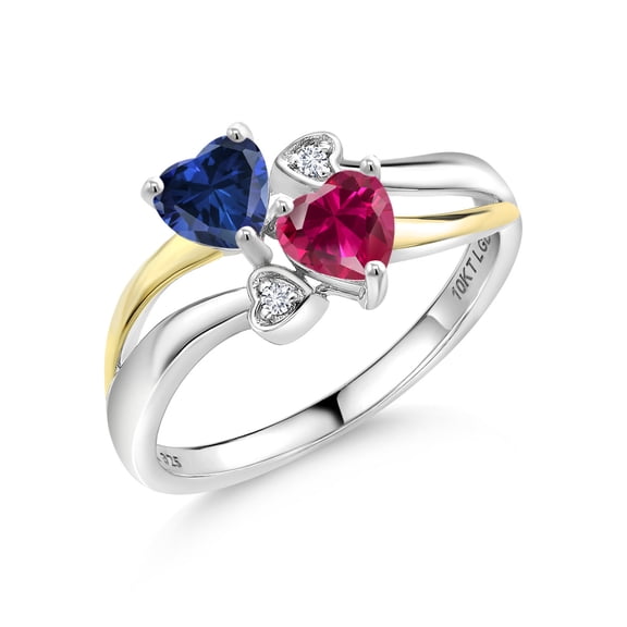 Gem Stone King 925 Silver and 10K Yellow Gold Blue Created Sapphire and Red Created Ruby and White Lab Grown Diamond Ring for Women (1.12 Cttw, September Birthstone, Heart Shape 5MM, Size 7)