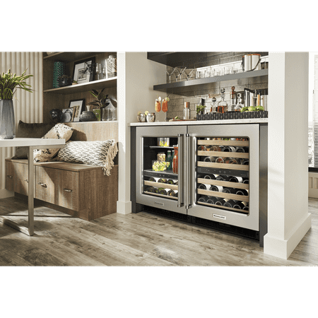 KitchenAid - 46-Bottle Dual Zone Wine Cellar with Glass Door and Wood-Front Racks - Stainless Steel