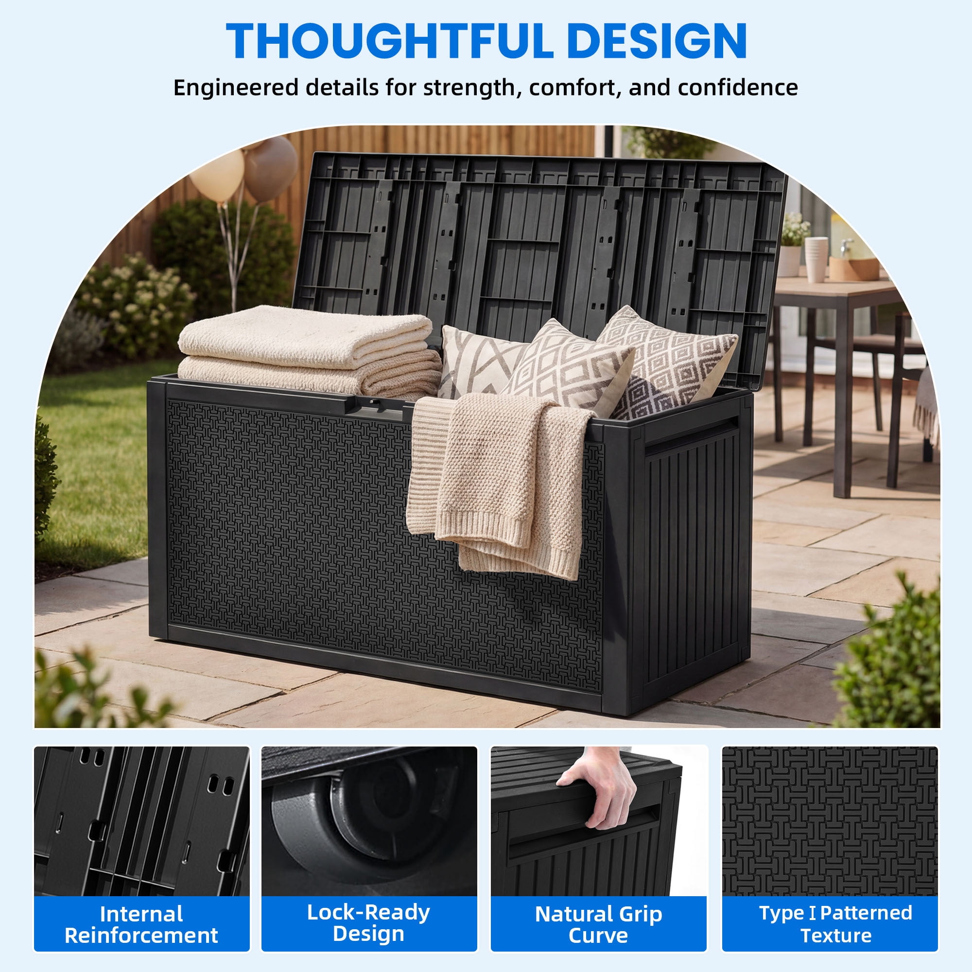 Dextrus 90 Gallon Deck Box, Heavy-Duty UV Protected Outdoor Storage Container with Built-in Handles, Lockable Patio Storage Bin for Furniture Cushions, Garden Tools and Poolside Essentials, Black