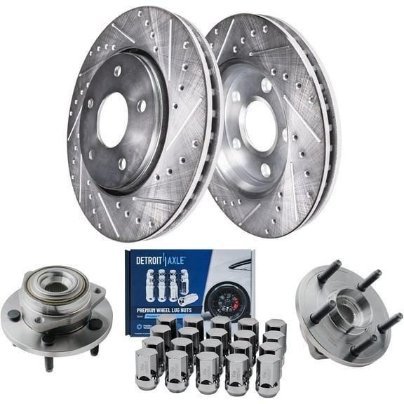 Detroit Axle - Front Drilled Rotors Brake Pads Wheel Hub Bearings w/20pc Wheel Lug Nuts Replacement for Mitsubishi Raider Dodge Dakota - 26pc Set