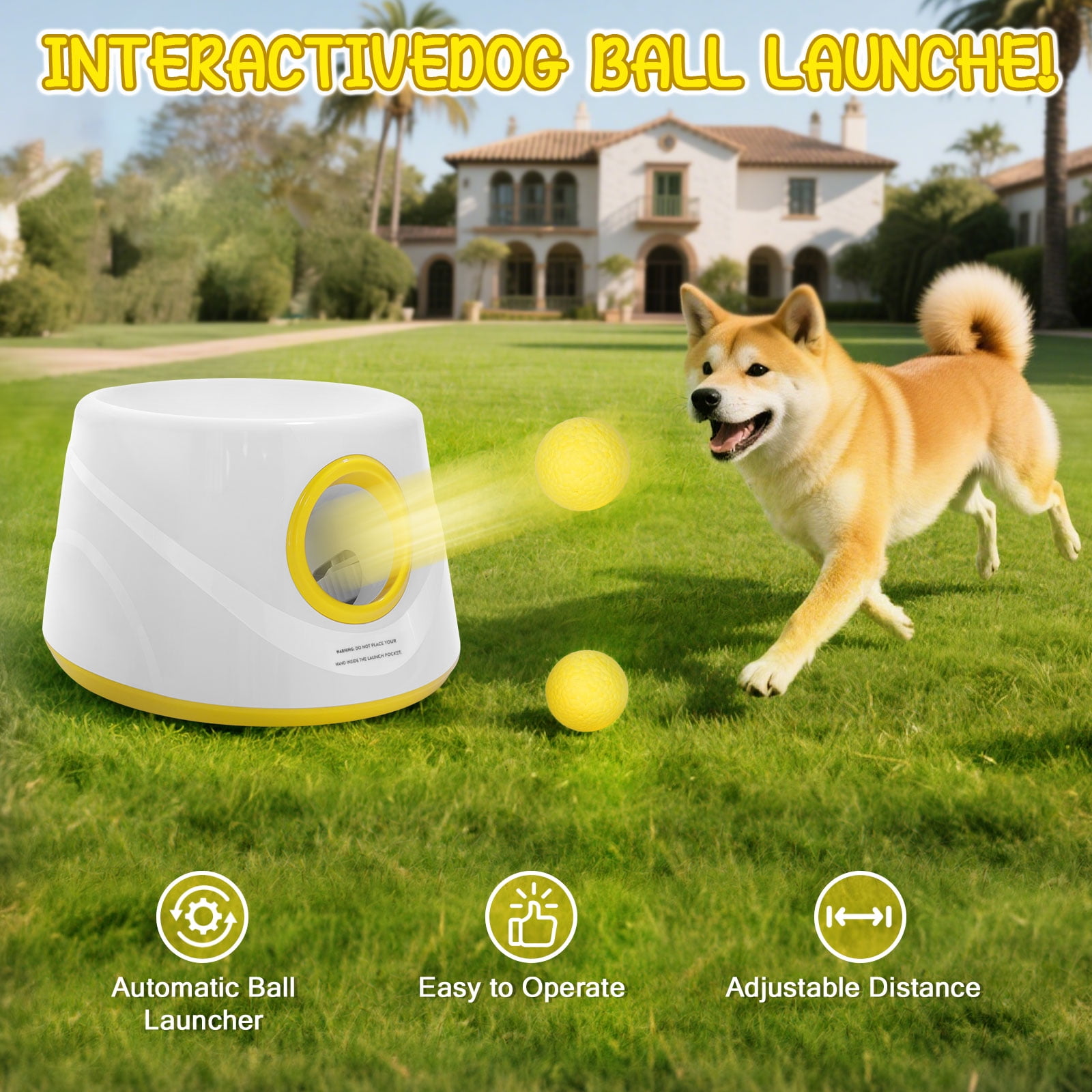 Eurhowing Automatic Ball Launcher for Dogs, Interactive Fetch Machine with 3-Level Distance(20-46ft) & 5 Balls, Dog Ball Thrower for Indoor & Outdoor Play, Yellow