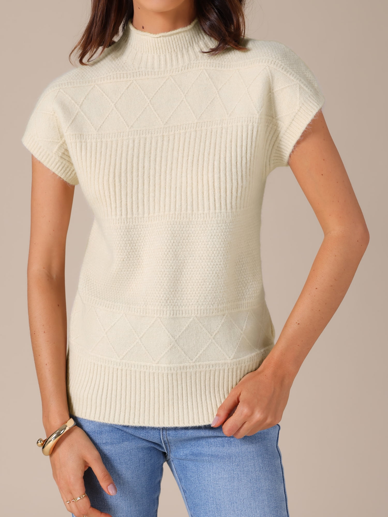 DARING DIVA Women's Mock Neck Casual Cap Sleeve Knit Tank Tops S Beige