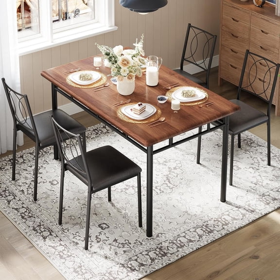 Dining Table Set for 4, Small Kitchen Table with Upholstered Chairs, Farmhouse Wood Dining Table Chairs for Kitchen Room, Small Spaces, Apartment,Walnut