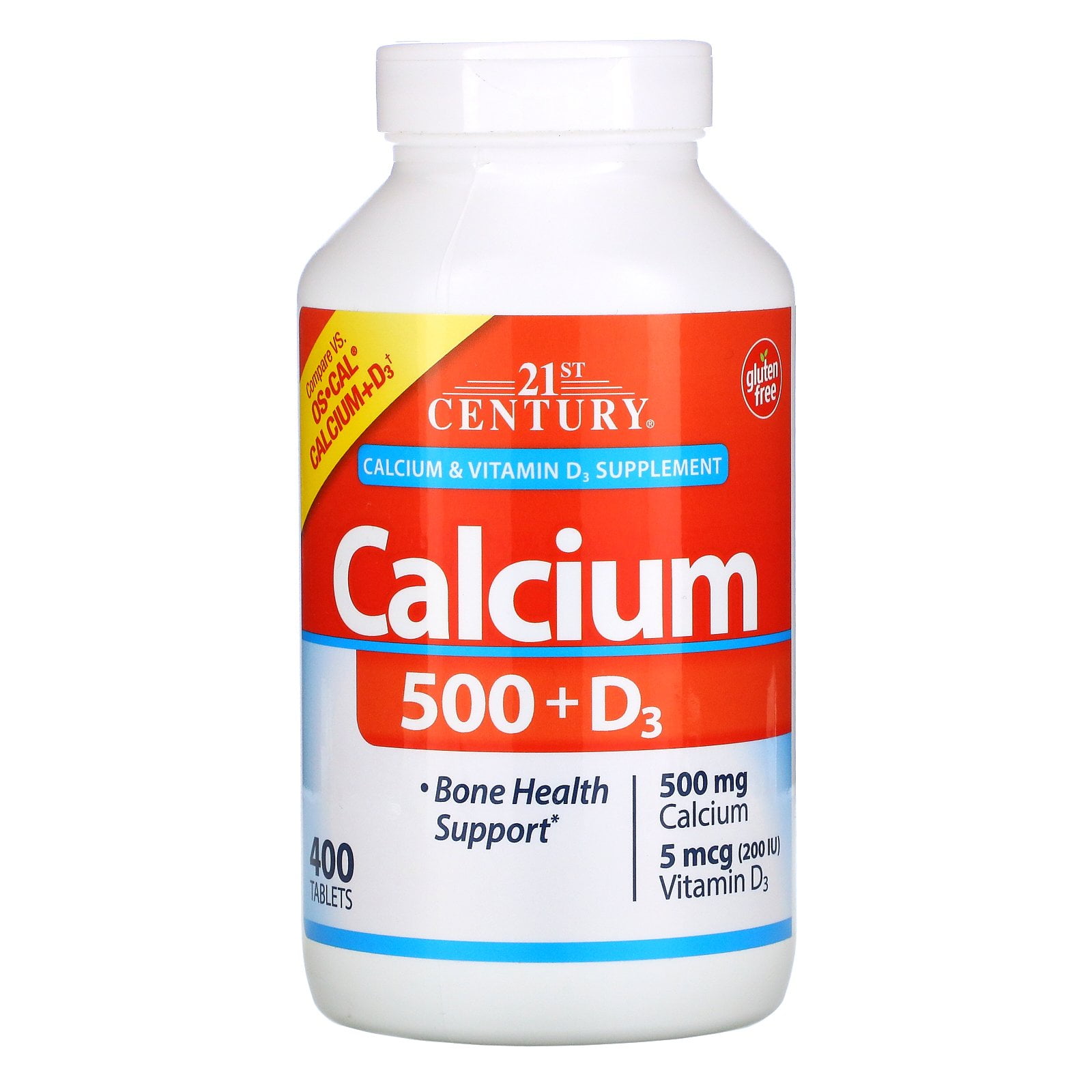Calcium 500 + D3, 5 mcg  (200 IU), 400 Tablets, 21st Century