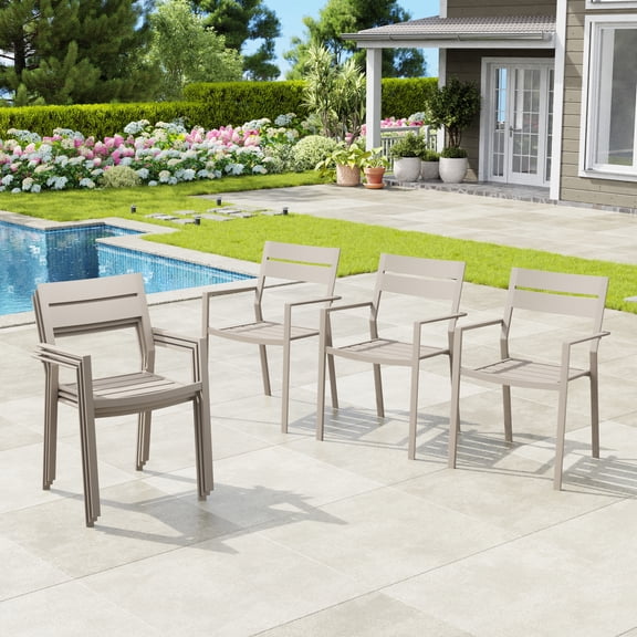 DIFY Outdoor Dining Chairs Set of 6, Stackable All-Weather Metal Frame with Armrest for Deck Backyard, Cream