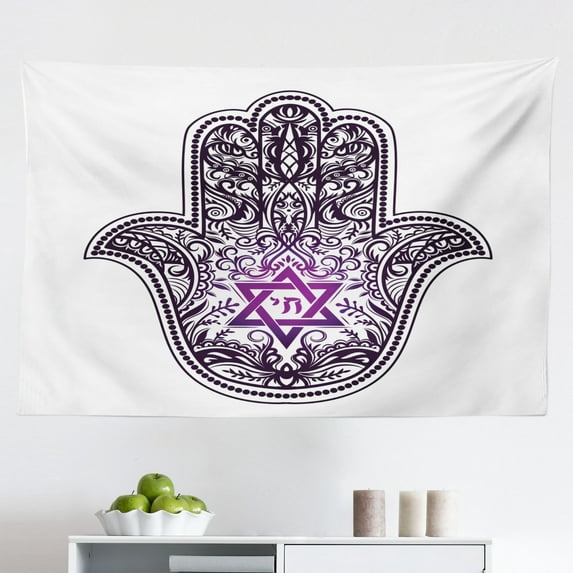 Hamsa Tapestry, Middle Eastern Mandala Motif with Oriental Hand Design with Heart and Eye, Fabric Wall Hanging Decor for Bedroom Living Room Dorm, 2 Sizes, Navy Blue and White, by Ambesonne