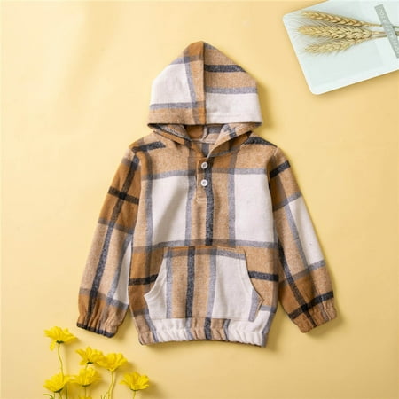 

YWDJ Fashion Children Comfortable Casual Checker Printing Fold Button Pocket Long Sleeve Hooded Blouse Khaki 4Y
