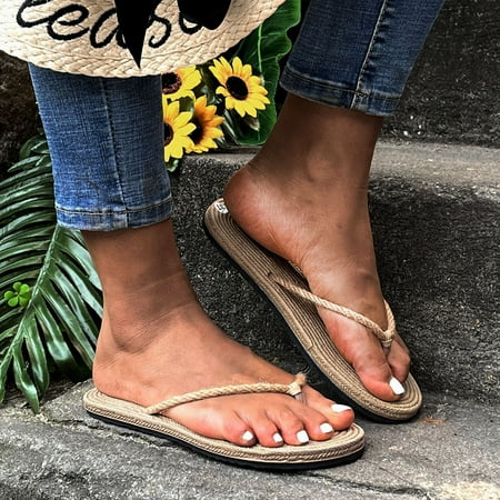 

YTJX Slippers For Women Girls Flat Casual Sandals Straw Linen Bottom Slippers Beach Shoes Fflip Flops