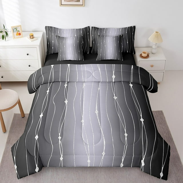 YST Aesthetic Gradient 7-Piece Bedding Set, Black and Grey Ombre Queen Size Comforter Set