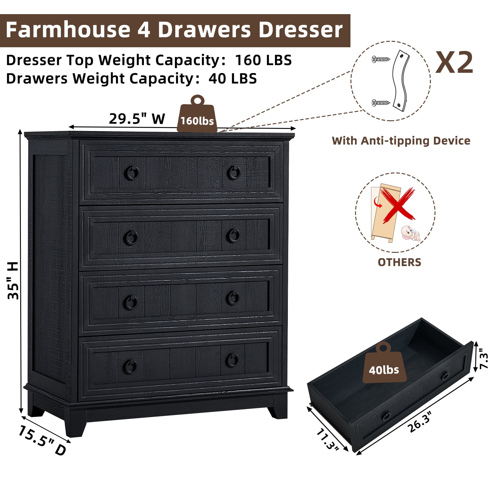 Joaxswe 4 Drawer Dresser for Bedroom, Black Tall Chest of Drawers Wood Storage Cabinet for Living Room, Hallway, Entryway, Guest Room