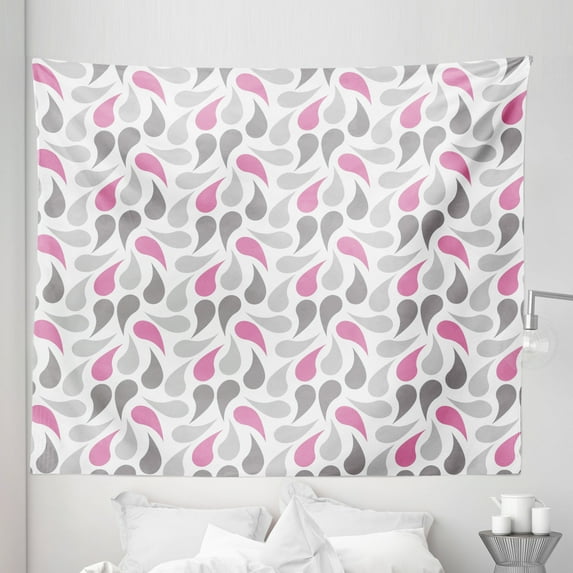 Geometric Tapestry, Persian Civilization Influenced Geometric Pattern Teardrop Shapes Curved Tip, Fabric Wall Hanging Decor for Bedroom Living Room Dorm, 5 Sizes, Pink Grey White, by Ambesonne