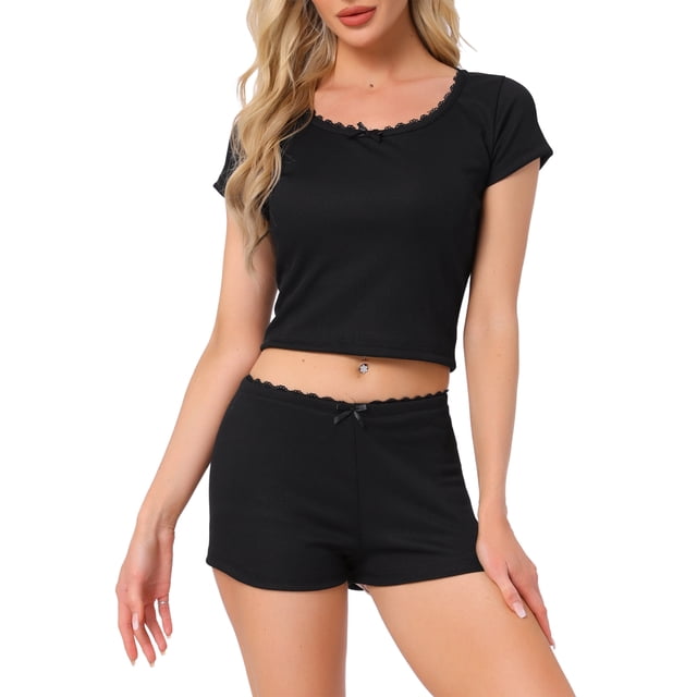 Conjunto de pijama de algodón para mujer INSPIRE CHIC con top de manga corta y pantalones cortos con encaje L negro