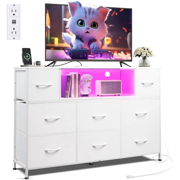 White TV Stand for 45, 50, 55 inch TV, Entertainment Center with LED Lights & Charging Station, TV Media Console Table with 8 Fabric Drawers and Open Shelves for Living Room, Hallway, Wood Top