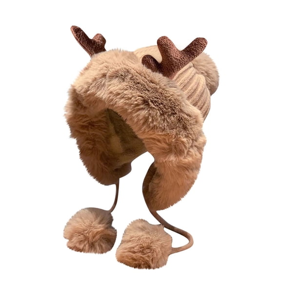 Kaliqueen Cute Reindeer Knit Beanie for Women Winter Sherpa Fleece Lined Fluffy Ski Snow Hat Furry Earmuffs & Pom Poms
