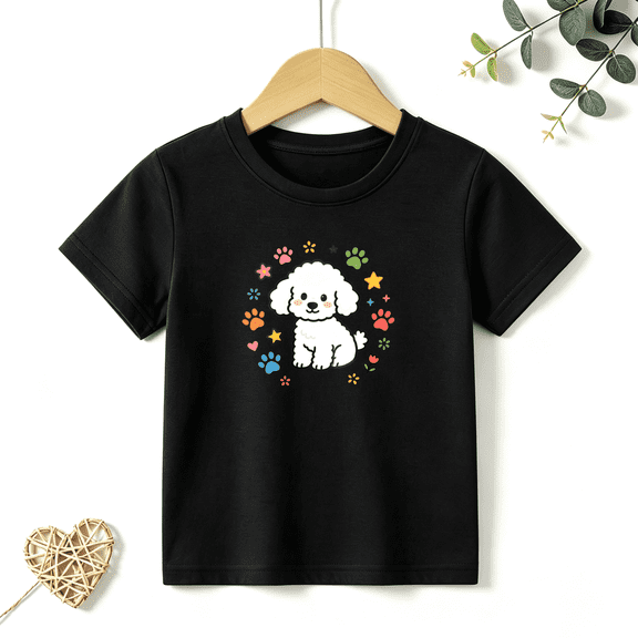 Girls Graphic Tees Cute White Poodle Paw Kids T Shirt Pet Sweet 100% Cotton Short Sleeve Soft Tops 4-13Y