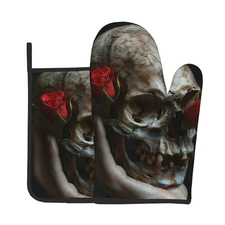 

Jgfou Realistic Rose Skull Pattern Oven Mitts and Pot Holders Sets Heat Resistant Oven Mittens Soft Lining Extra Thicken Long Kitchen Cotton Oven Glove for Cooking
