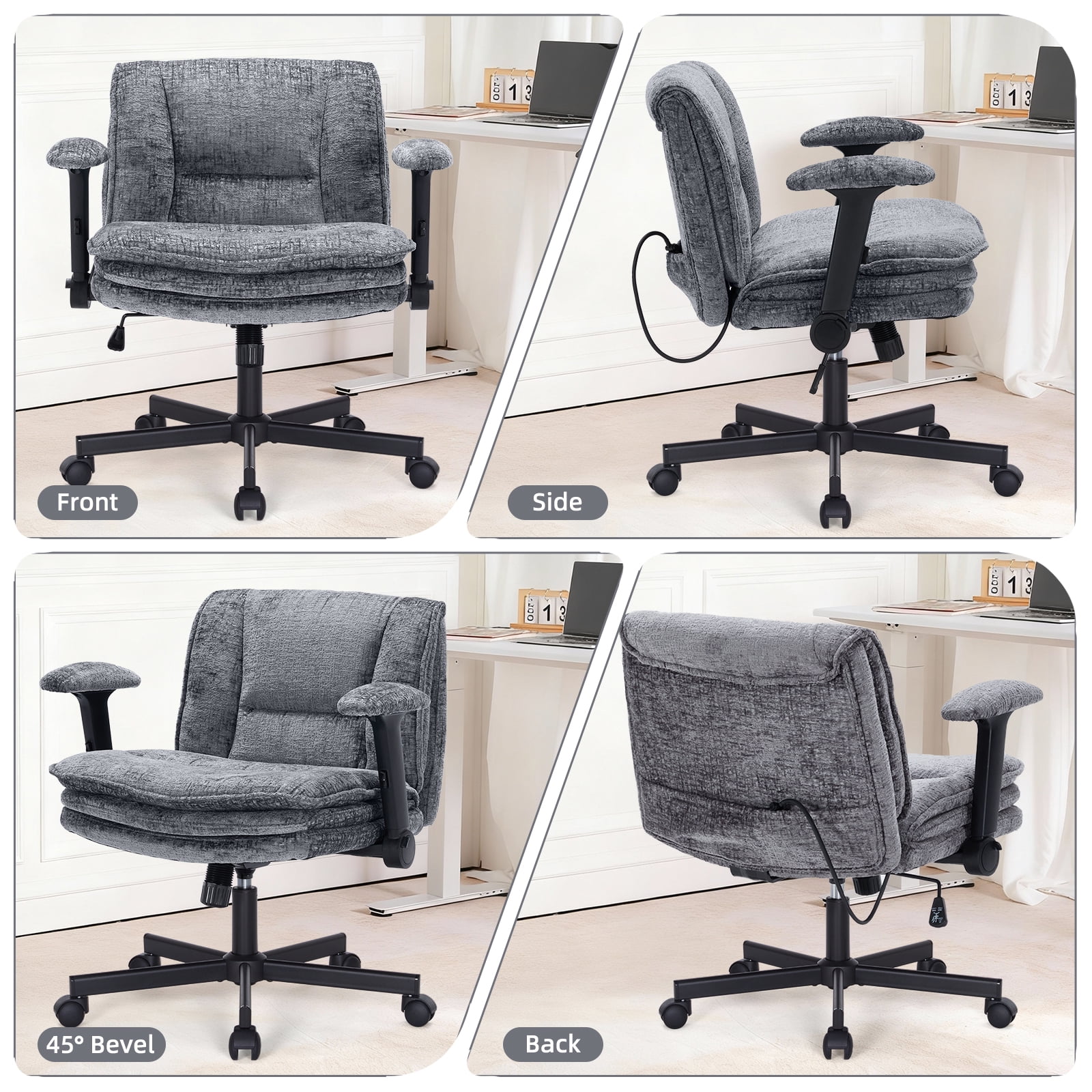 Criss Cross Legged Office Chair with Wide 3 Layer Cushions, Ergonomic Criss Cross Desk Chair with Dynamic Lumbar Support and Flip-up Arms, Mid Back Fabric Swivel Vanity Chair for Work, Study, Leisure
