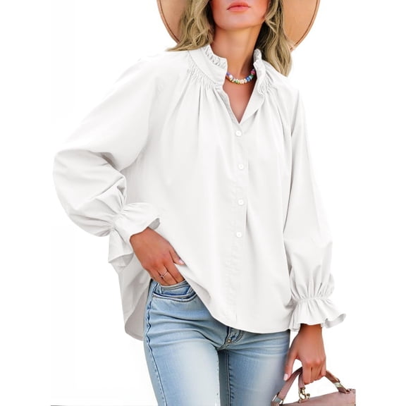 Women Shirt Long Sleeved Button Up Shirt Pleated V Neck Shirt Loose Casual Fluffy Top