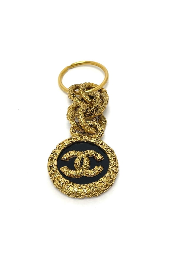 Pre-Owned CHANEL Coco Mark Vintage Charm 03A Key Ring, Brass, Women's, Gold and Black (Good)