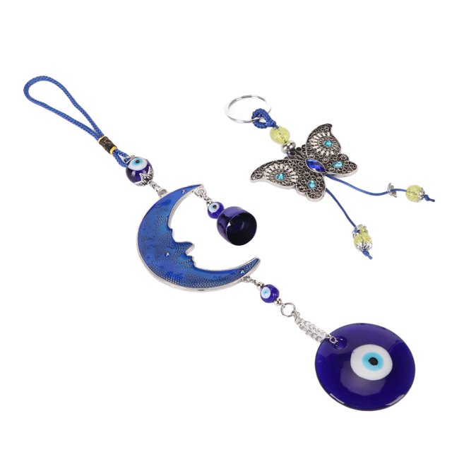 Adorno colgante de luna con ojos azules, colgante de mariposa, bendición de buena suerte, decoración colgante de pared para regalos de amuleto