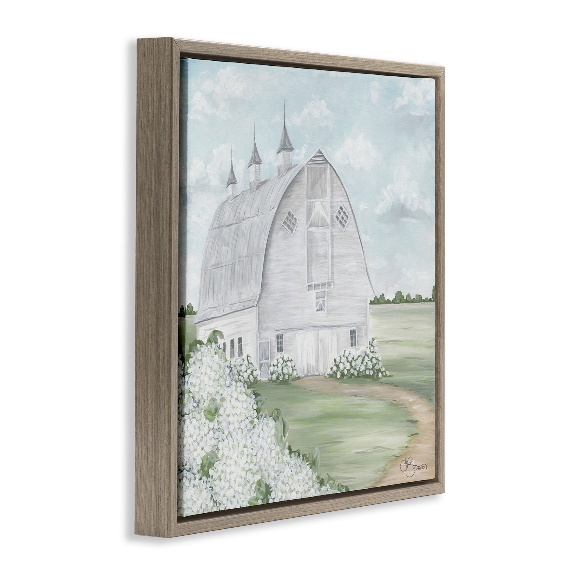 Stupell Industries Soft Country Landscape with Hydrangeas Landscape Painting Brown Floater Framed Canvas Art Print Wall Art, 18 x 18